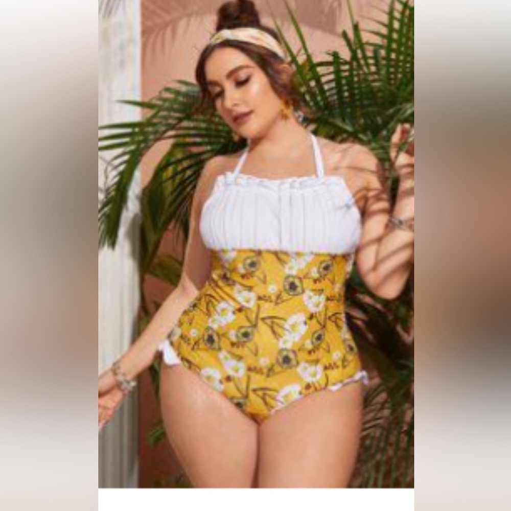 Plus size one piece halter yellow swimsuit